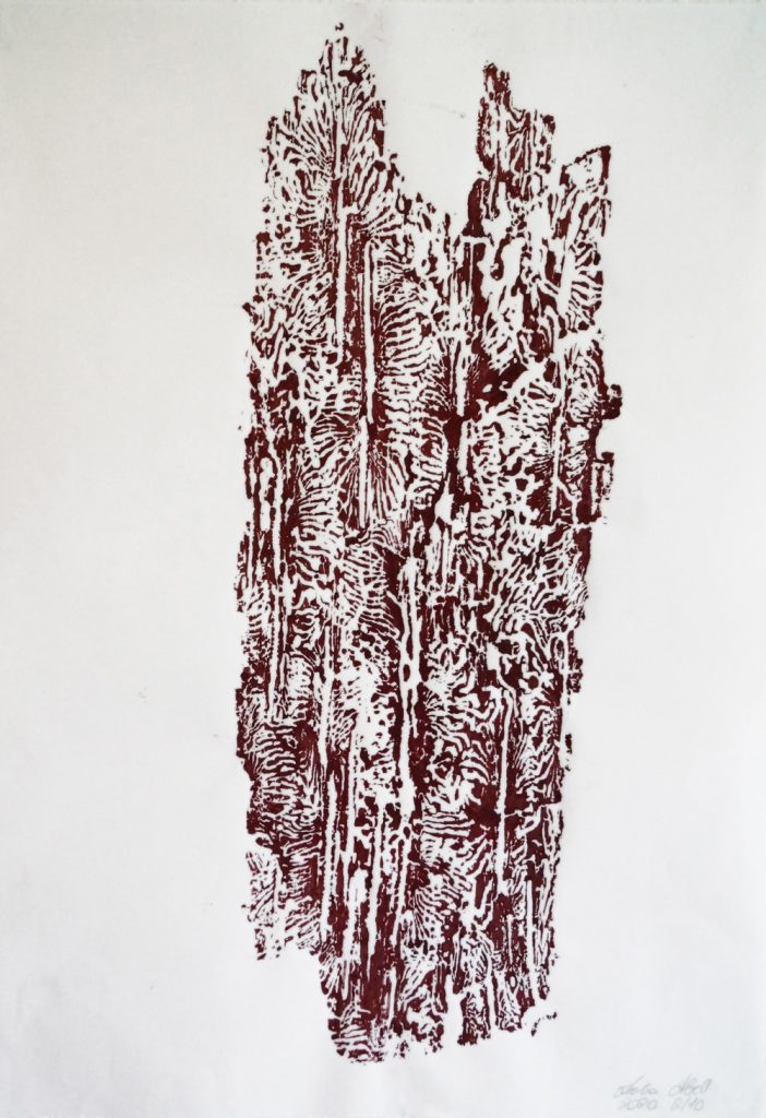 Lioba Abrell, "Unterwanderung 4", Holzrindendruck mit Linoldruckfarbe, 62 x 82 cm (mit Rahmen), 500 EUR (inkl. Rahmen)