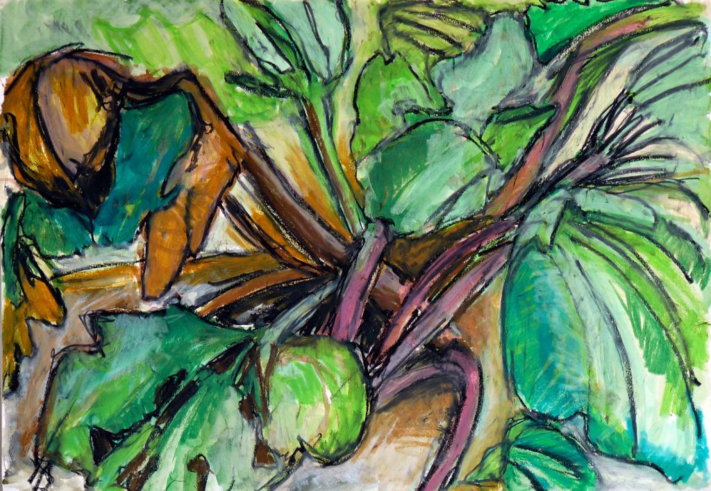 Marie-Luise Dietl, "Rhabarber mit gelbem Blatt", Ölpastell, 58 x 83 cm, 1200 EUR
