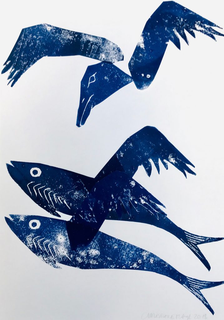 Christiane Mayr, aus der Serie "Gente di mare“, Linoldruck Collage, 40 x 30 cm, 360 EUR
