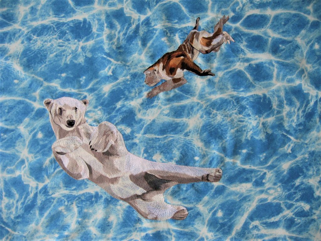 Alexandra Schmiedebach, "Thaw", 2020, Handstickerei auf Dekostoff, ca. 120 x 150 cm, 3500 EUR