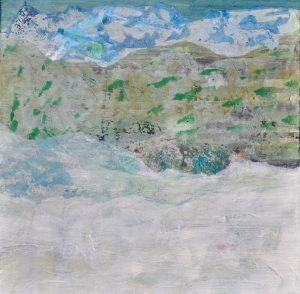 Isabella Senger, "Daheim", Acryl / Collage mit selbstbedruckten Papieren, 50 x 50 cm, 580 EUR