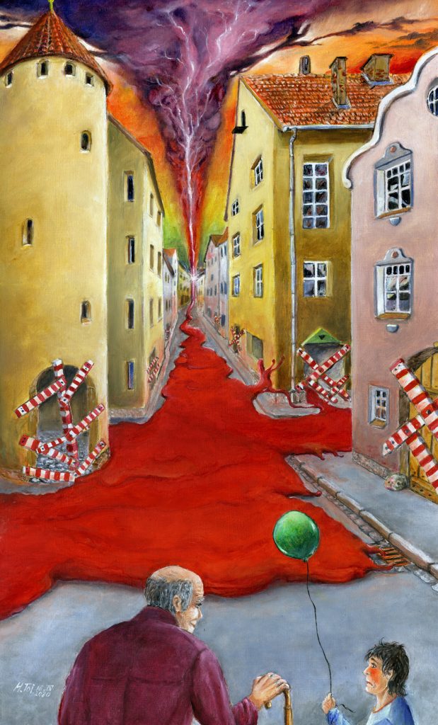 Helmut Toischer, "Opa, hilft der grüne Ballon der Hoffnung? - Coronapandemie", Mischtechnik auf HFP, 50 x 30 cm, 1350 EUR (ohne Rahmen)