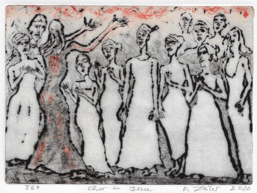 Peter Zeiler, "Chor in Irsee", 2020, Kaltnadelradierung (zweifarbig), 14,5 x 20 cm, 225 EUR
