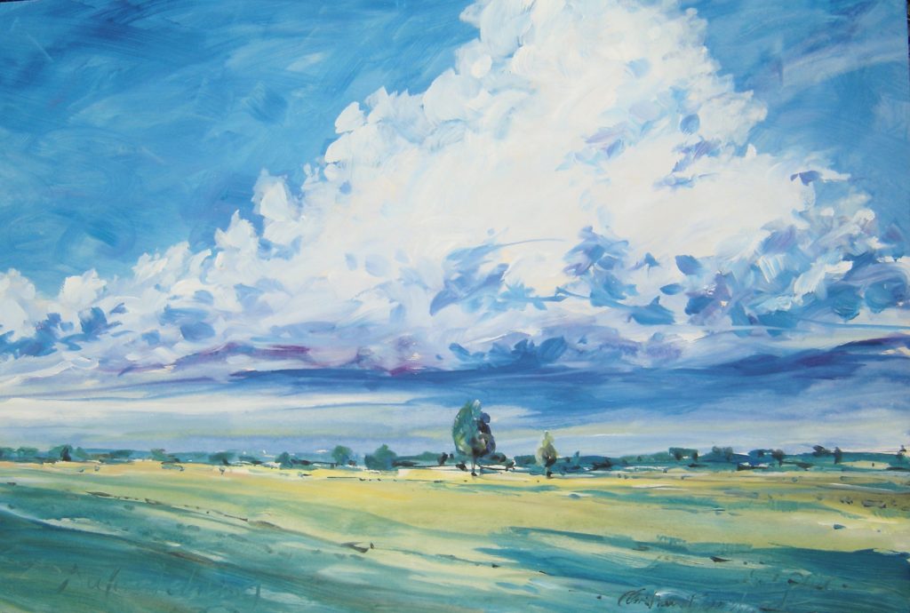 Christian Burkhardt, "Auferstehung (Wolkenstimmung über Großried)", Acryl auf Sperrholz, 125 x 85 cm, 750 €